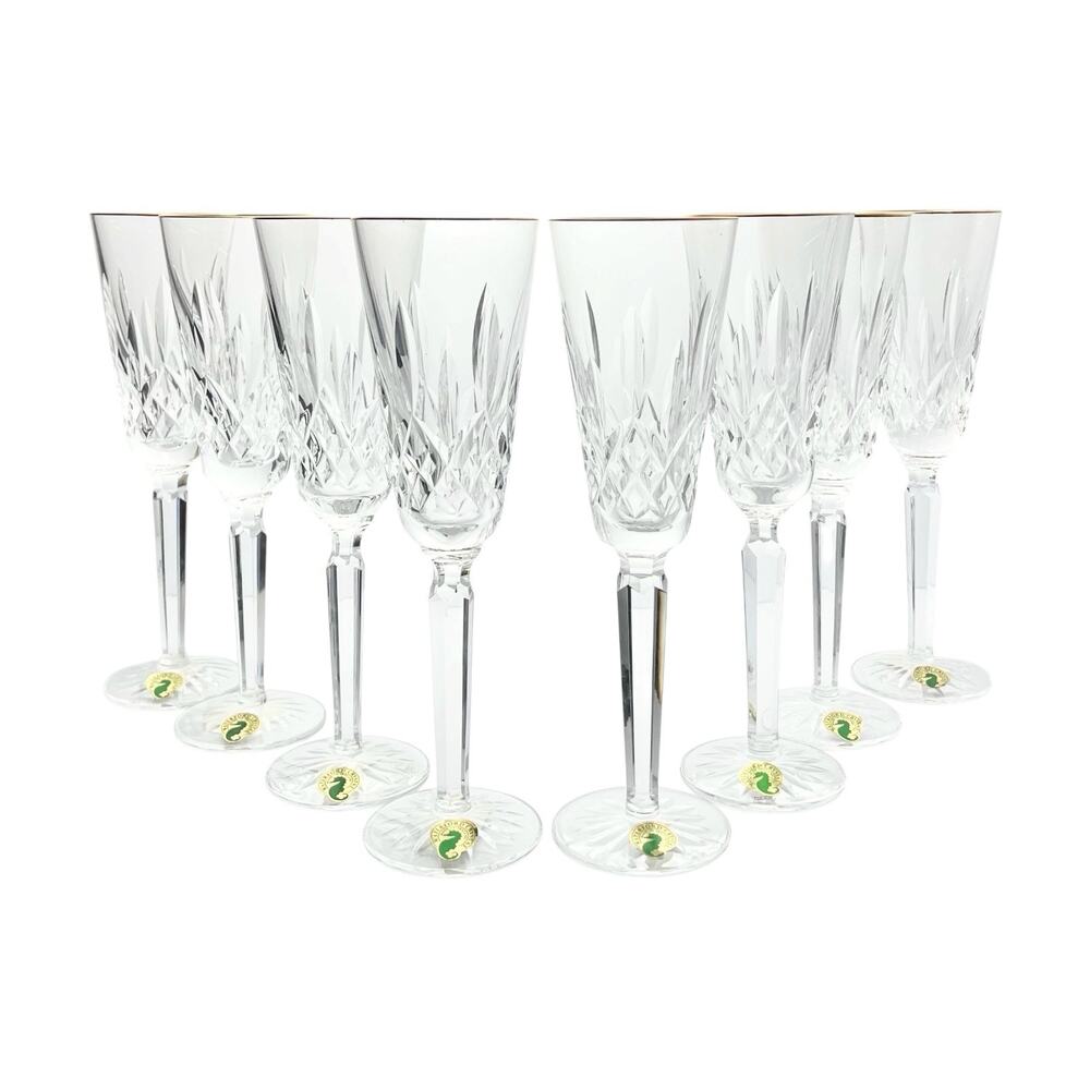Waterford “Golden Lismore (Tall)” 8 Crystal Gold Rim Champagne Glasses 8.75” 6oz